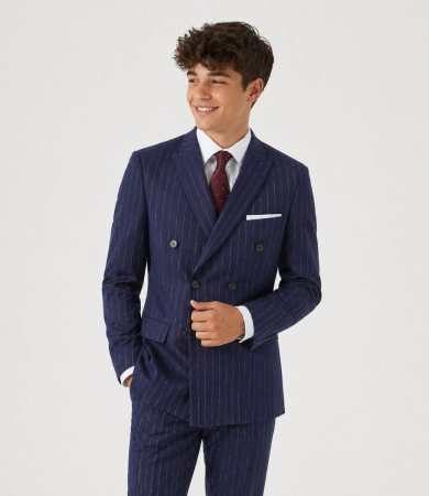 Declan Slim Suit Double Breasted Navy Blue Pinstripe