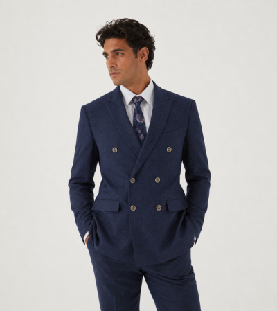 Jude Tailored Double Breasted Suit Navy Blue Tweed Herringbone