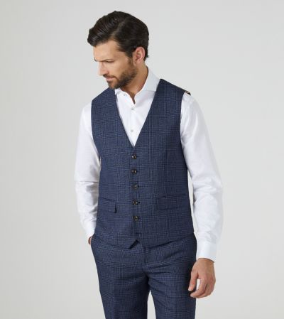 Woolf Suit Waistcoat Navy Blue Check