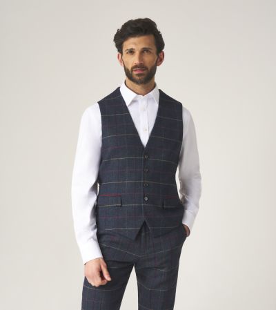 Doyle Suit Waistcoat Navy Blue Check Tweed
