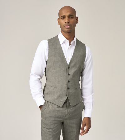 Devere Wool / Linen Blend Suit Waistcoat Sage Green Check