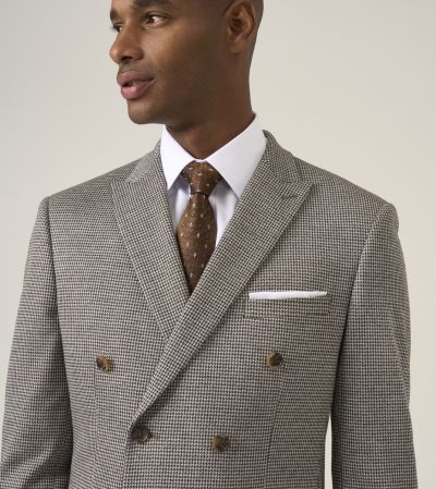 Cannon Double Breasted Tailored Fit Suit Brown Houndstooth