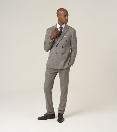 Cannon Double Breasted Tailored Fit Suit Brown Houndstooth
