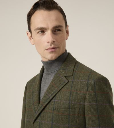 Horden Wool Blend Country Check Lovat Green Overcoat
