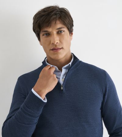 Miles Merino Blend 1/4 Zip Jumper Denim Blue