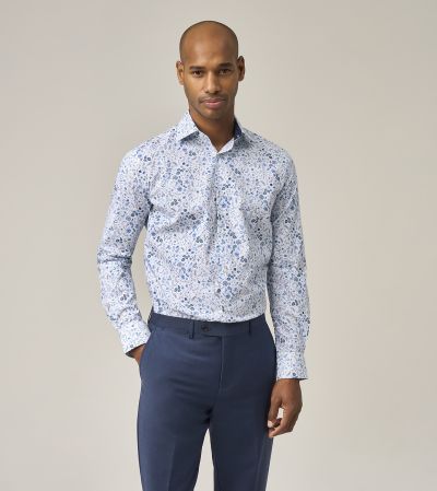 Luxury Cotton Formal Shirt Tailored Blue Floral