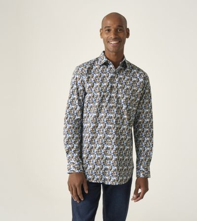 Luxury Formal Tailored Fit Shirt Brown & Blue Floral Print