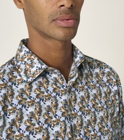 Luxury Formal Tailored Fit Shirt Brown & Blue Floral Print