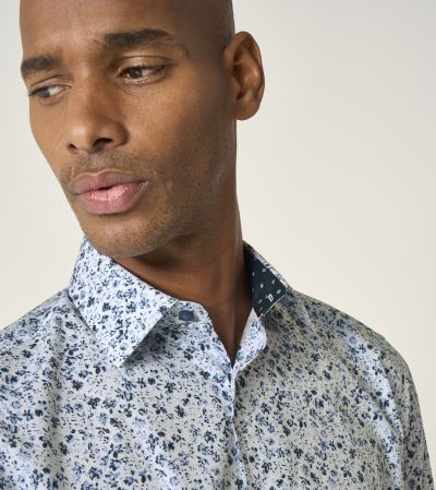 Luxury Formal Tailored Fit Shirt Blue Floral Print