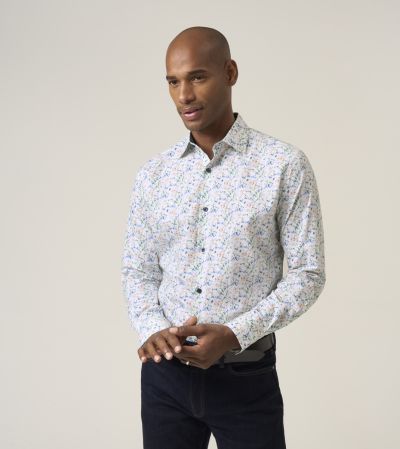 Luxury Cotton Formal Shirt Tailored Fit White Blue Floral Design