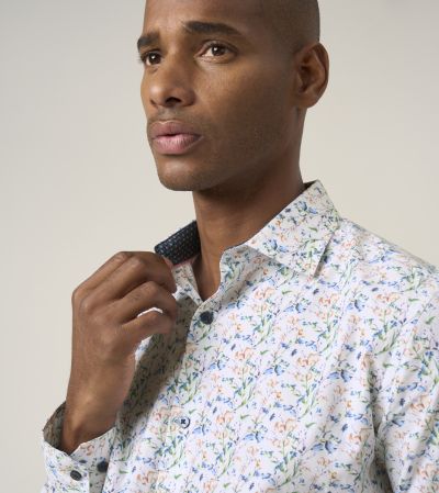 Luxury Cotton Formal Shirt Tailored Fit White Blue Floral Design