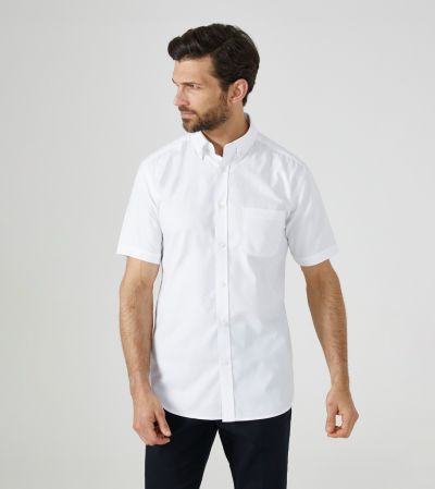 White Pinpoint Oxford Cotton Blend Formal Short Sleeve Shirt