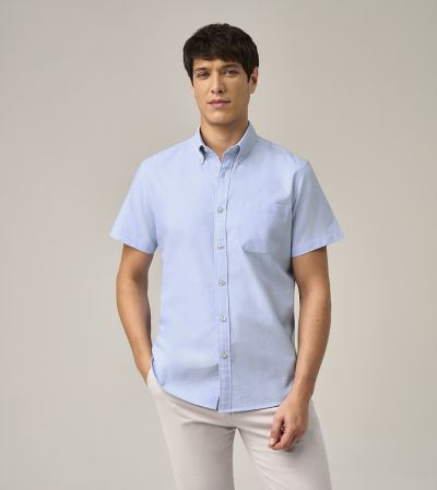 Washed Oxford Casual Tailored Fit Short Sleeve Shirt Blue