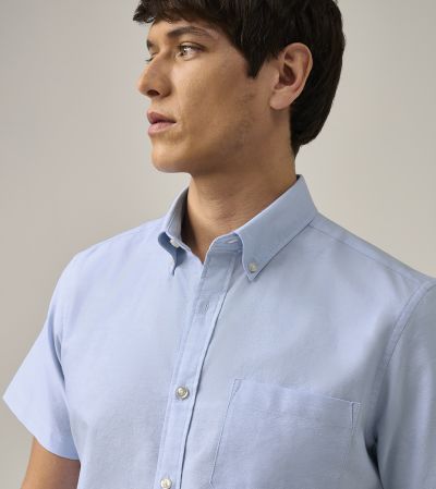 Washed Oxford Casual Tailored Fit Short Sleeve Shirt Blue