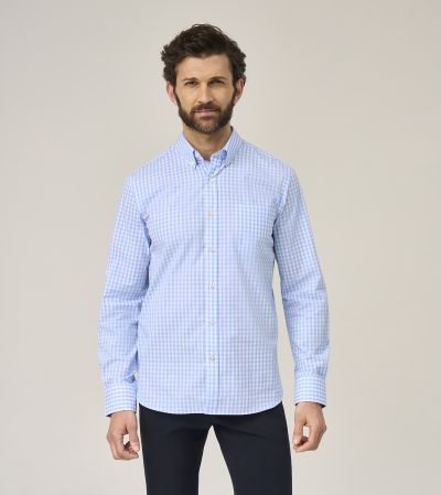 Washed Oxford Casual Tailored Fit Shirt Sky Blue Gingham Check