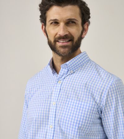 Washed Oxford Casual Tailored Fit Shirt Sky Blue Gingham Check