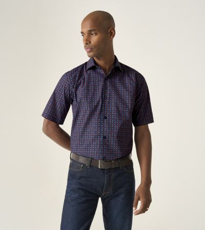 Cotton Casual Short Sleeve Shirt Regular Navy & Red Circles