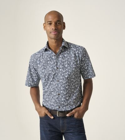 Cotton Casual Short Sleeve Shirt Regular Navy & Brown Floral