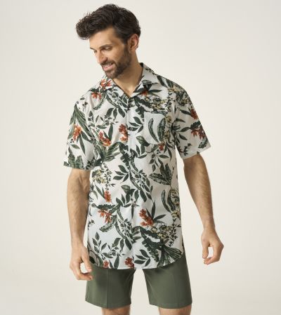 Cotton Blend Casual Short Sleeve Shirt Regular Orange & Green Leaf