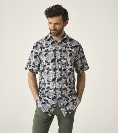 Cotton Casual Short Sleeve Shirt Regular Watercolour Print