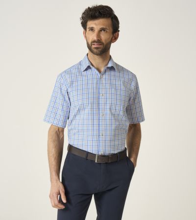 Cotton Casual Short Sleeve Shirt Regular Blue & Stone Check