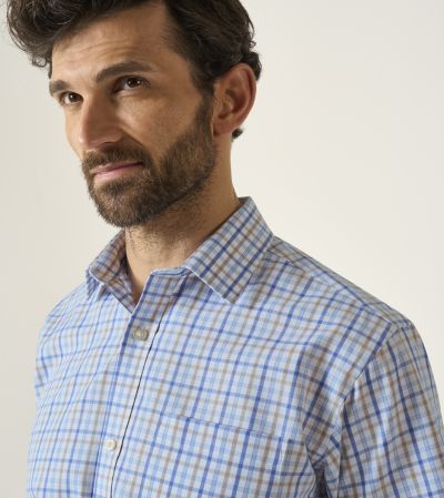 Cotton Casual Short Sleeve Shirt Regular Blue & Stone Check