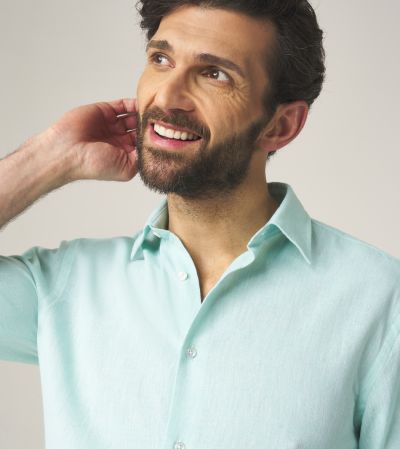 Linen Blend Casual Shirt Tailored Aqua Blue