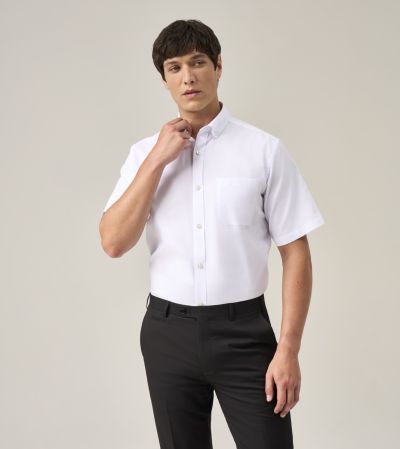 White Pinpoint Oxford Cotton Blend Formal Short Sleeve Shirt
