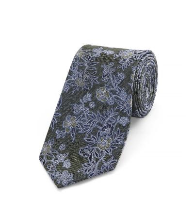 Dark Green Tie with Blue Floral Design