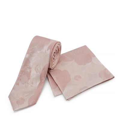Peach Pink Silk Floral Tie and Pocket Square