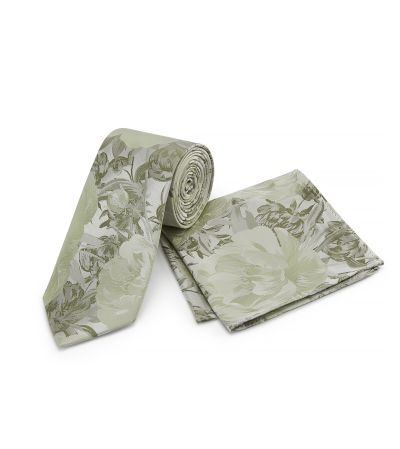Sage Green Silk Floral Tie and Pocket Square