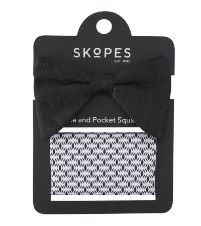 Black Paisley Bow Tie with Geo Print Pocket Square