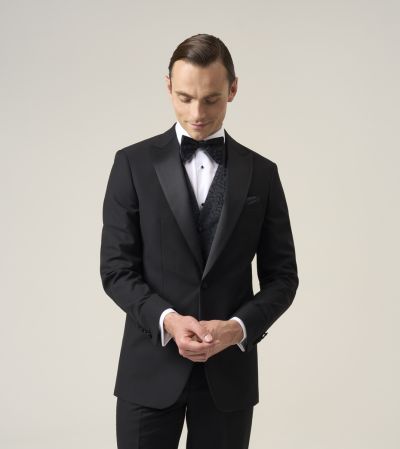 Sinatra Black Tailored Fit Dinner Suit with Black Navy Paisley Waistcoat