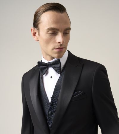 Sinatra Black Tailored Fit Dinner Suit with Black Navy Paisley Waistcoat