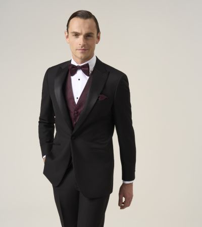 Sinatra Black Tailored Fit Dinner Suit with Wine Paisley Waistcoat