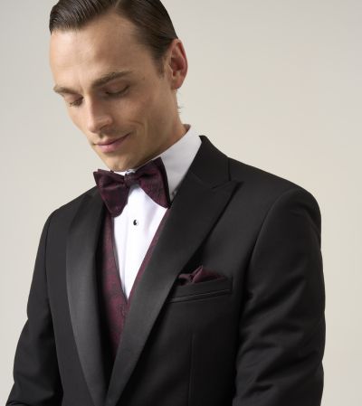 Sinatra Black Tailored Fit Dinner Suit with Wine Paisley Waistcoat