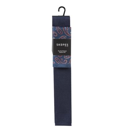 Navy Blue Knitted Tie with Paisley Pocket Square