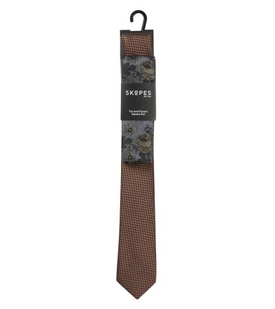 Brown Textured Tie with Floral Pocket Square