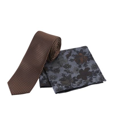 Brown Textured Tie with Floral Pocket Square