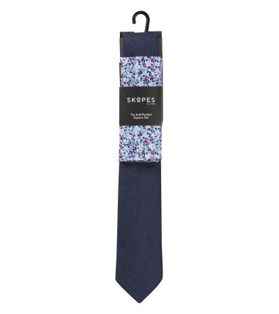Navy Textured Tie with Floral Pocket Square