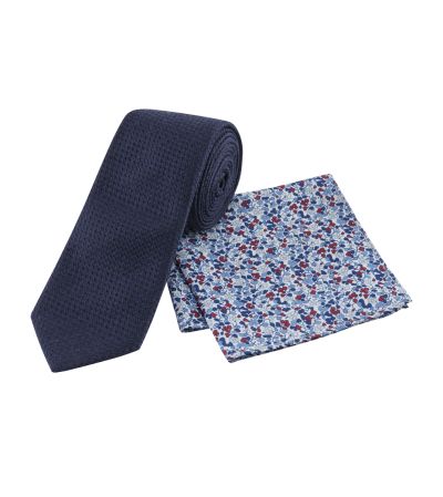 Navy Textured Tie with Floral Pocket Square