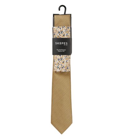 Gold Textured Tie with Floral Pocket Square