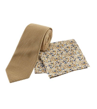 Gold Textured Tie with Floral Pocket Square