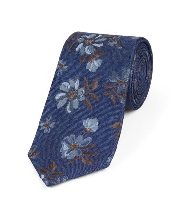 Blue Floral Silk Tie with Matching Pocket Square