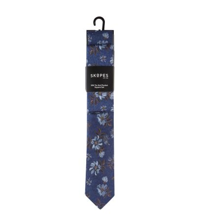 Blue Floral Silk Tie with Matching Pocket Square