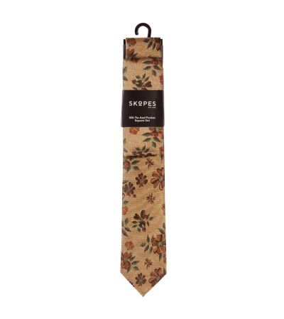Sand Floral Silk Tie with Matching Pocket Square