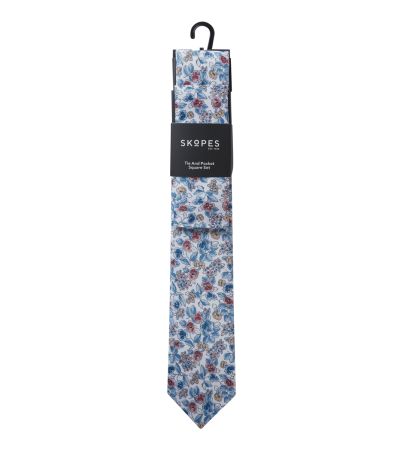 Blue / Red Floral Tie and Pocket Square