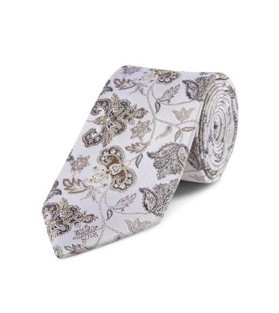 Stone Grey Silk Floral Tie and Pocket Square