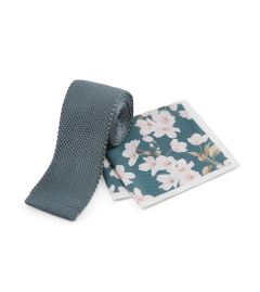 Mint Green Knitted Poly Tie &  Floral Pkt Sq Set