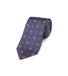 Blue with Orange Floral Medallion Design Silk Tie
